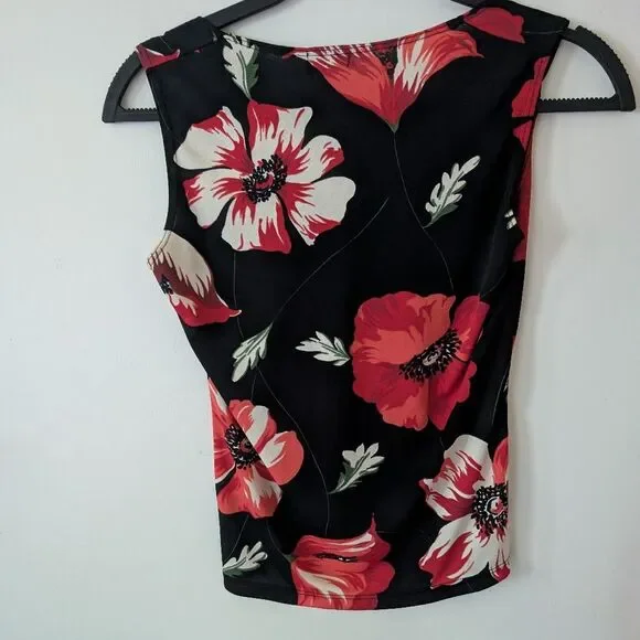 Vintage 90s Naf Naf Floral‎ Red Black Tank Top Size Medium - Picture 5 of 8